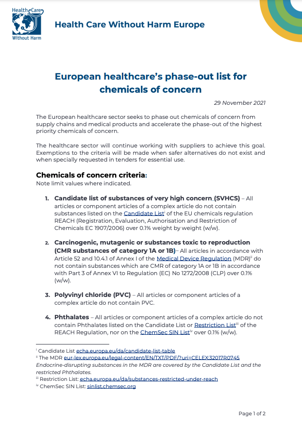 European healthcare’s phase-out list for chemicals of concern 